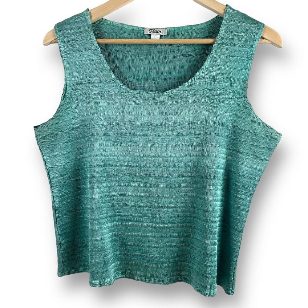 Vintage Flair Women's L Scrunch Texture Sleeveless Tank Top Seafoam‎ Green Blue
